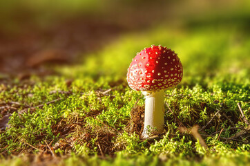 Red small fly agaric mushroom in a forest growing from green moss - obrazy, fototapety, plakaty