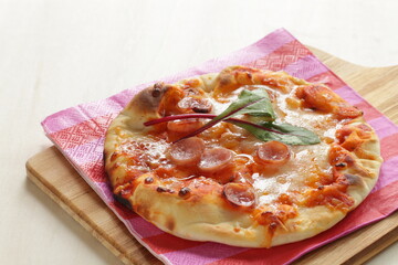 homemade sausage and cheese pizza on red paper napkin