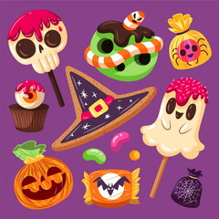 hand drawn flat halloween candy collection vector design illustration
