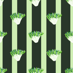 Seamless pattern frisee salad on dark striped background. Abstract ornament with lettuce.