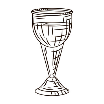 Full glass slivovic engraved style isolated on white background. Vintage sketch black outline close up.