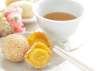 Chinese yum cha dumpling, sesame ball for fried dim sum image