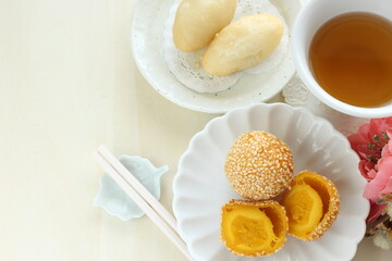 Chinese yum cha dumpling, sesame ball for fried dim sum image