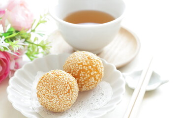 Chinese yum cha dumpling, sesame ball for fried dim sum image