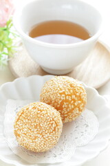 Chinese yum cha dumpling, sesame ball for fried dim sum image