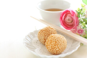Chinese yum cha dumpling, sesame ball for fried dim sum image