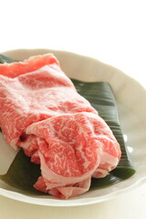 Japanese food, raw marble beef Wagyu for Sukiyaki ingredient 
