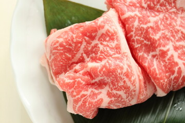 Japanese food, raw marble beef Wagyu for Sukiyaki ingredient 
