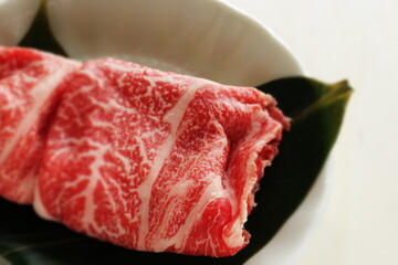 Japanese food, raw marble beef Wagyu for Sukiyaki ingredient 