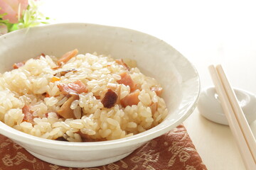 Chinese food, dried shrimp and ham in sticky rice for homemade comfort food