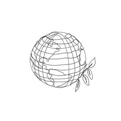continuous line drawing globe with plant icon illustration vector isolated