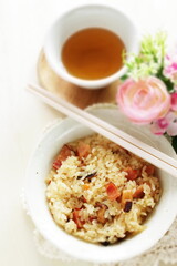 Chinese food, dried shrimp and ham in sticky rice for homemade comfort food