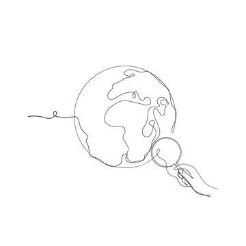 Hand Drawn Continuous Line Art Style Globe And Magnifying Glass Illustration Icon