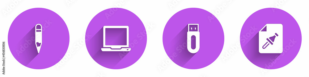 Poster set pencil, laptop, usb flash drive and note paper with push button icon with long shadow. vector