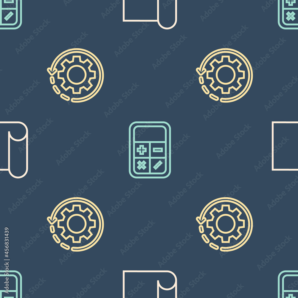 Poster set line graphing paper for engineering, gear and arrows as workflow and calculator on seamless patt