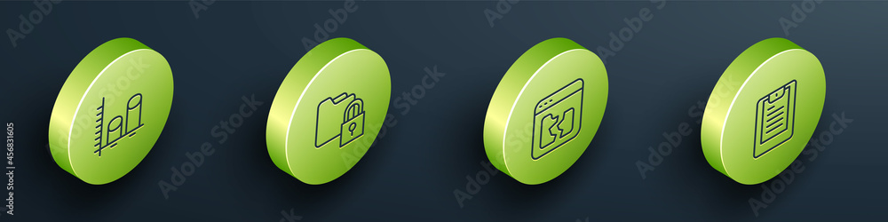 Poster set isometric line data analysis, folder and lock, broken file and server, report icon. vector