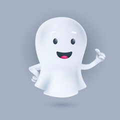 Funny cartoon flying ghost smiling and showing a thumbs up. Friendly phantom icon. Happy Halloween 3D character. Vector illustration of a soul in a white textile cloth isolated on a light background