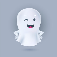 Smiling and winking ghost with hands on the sides pose. Friendly phantom icon. Happy Halloween 3D character. Vector illustration of cute soul in a white textile cloth isolated on a light background