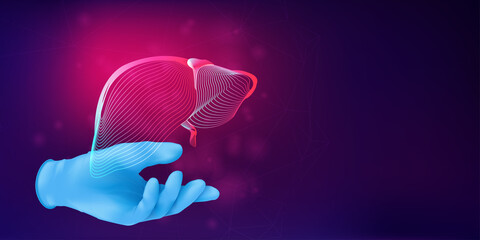 Human liver 3D silhouette on a doctor's hand in realistic rubber glove. Anatomical medical concept with the wireframe of a human organ on abstract background. Vector illustration in neon lineart style - obrazy, fototapety, plakaty