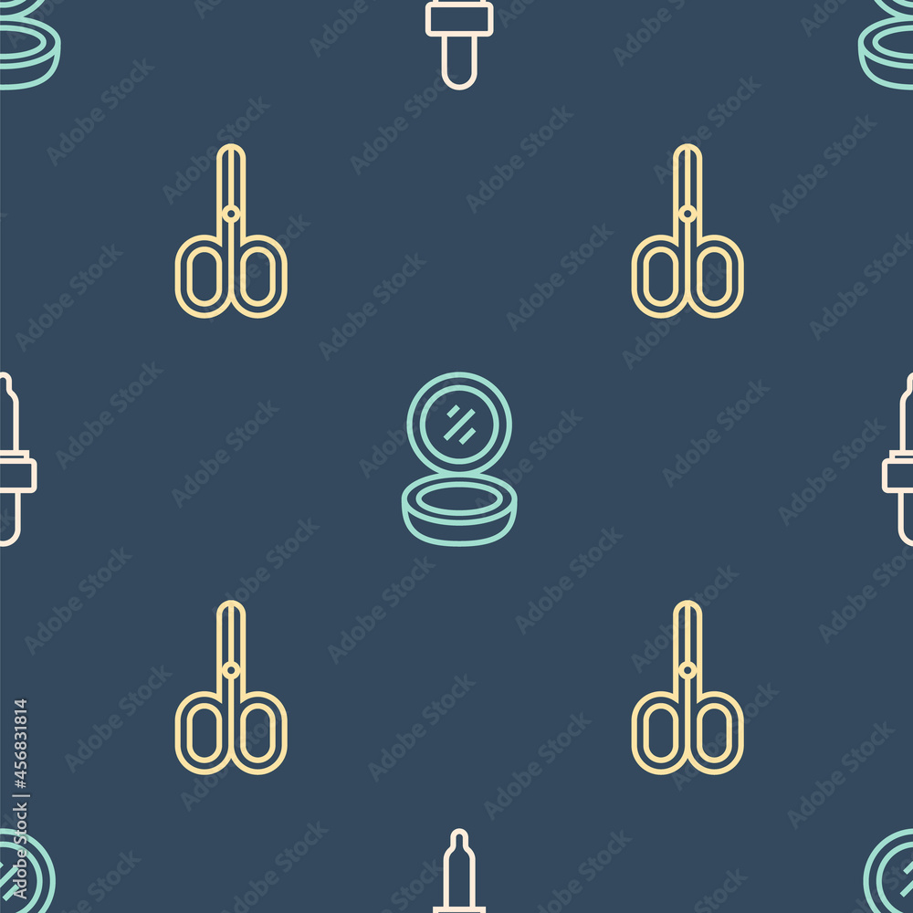 Poster set line pipette, scissors and makeup powder with mirror on seamless pattern. vector