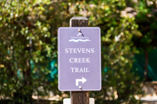 Stevens Creek Trail direction sign in San Francisco Bay Area. Blurred green trees background. - Mountain View, California, USA - 2021