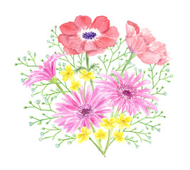 アネモネとガーベラ、カスミソウのブーケ