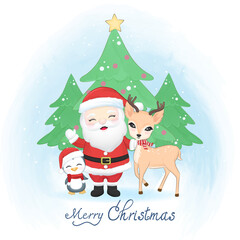 Cute santa claus, penguin and deer in winter, Merry Christmas illustration.