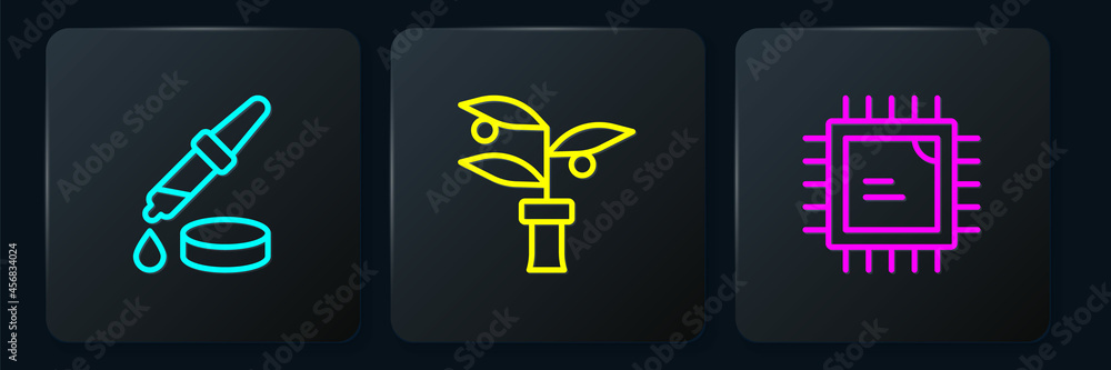 Poster set line pipette, processor cpu and plant breeding. black square button. vector