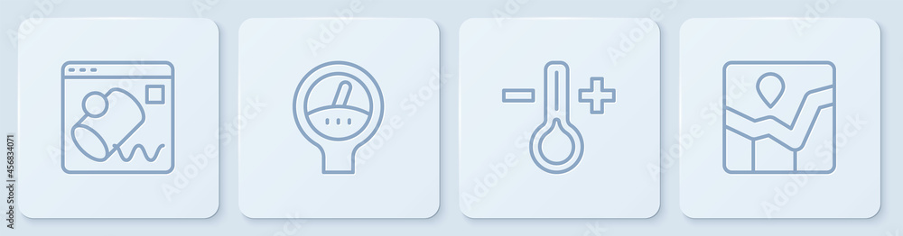 Poster set line data visualisation, thermometer, gauge scale and graph chart infographic. white square butt