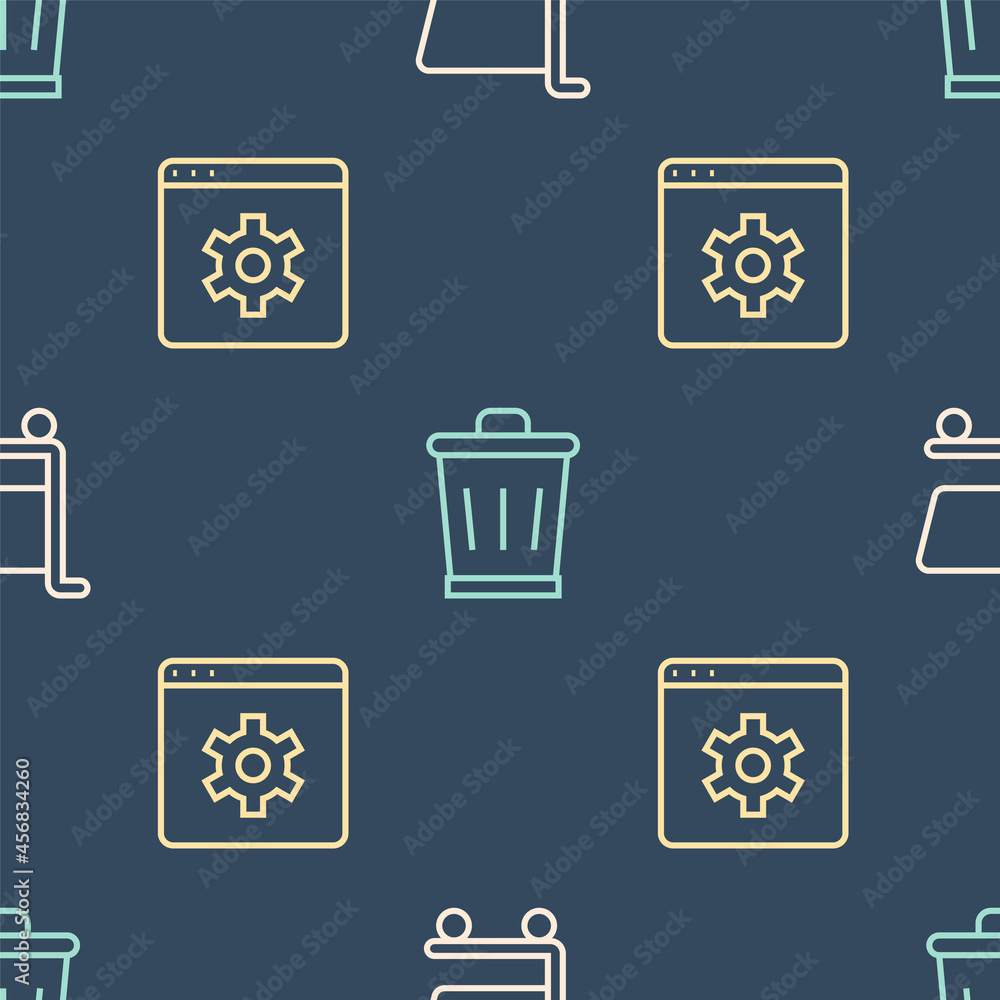 Poster set line shopping cart, browser setting and trash can on seamless pattern. vector