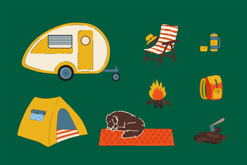 Kit for Campers RV and life in the forest. Camping set illustrations of a campfire, a dog, firewood, a thermos, a tourist's backpack. A mobile trailer, a tent, a chair and a panama hat. Vector