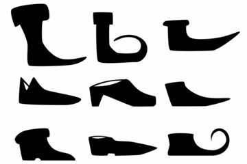 Set of nine silhouettes of medieval shoes for games, websites, design, and more.