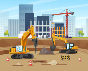 Construction site concept with excavators and material equipment cartoon illustration © YG Studio