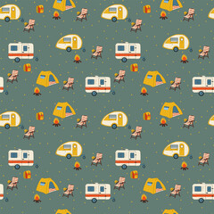 Camper RV pattern on wheels. Cartoon background with a road trailer for a house. A vehicle, camping cars-vans, a mobile home. Texture for with mobile homes for textiles. Vector illustration