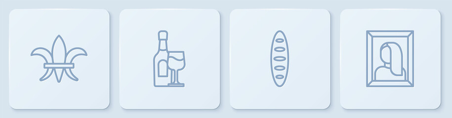 Set line Fleur De Lys, French baguette bread, Wine bottle with glass and Portrait picture museum. White square button. Vector © Vadim
