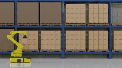Factory 4.0 concept: The collaboration of industrial robot and AGV (Automated guided vehicle) in smart warehouse. 3D illustration