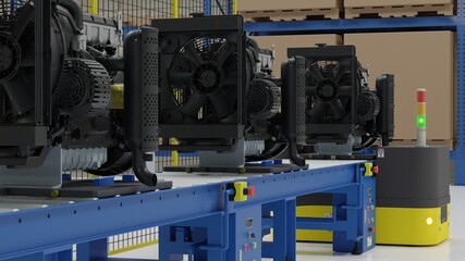 The AGV (Automated guided vehicle) is suply engine pallet in production conveyor in automotive factory.