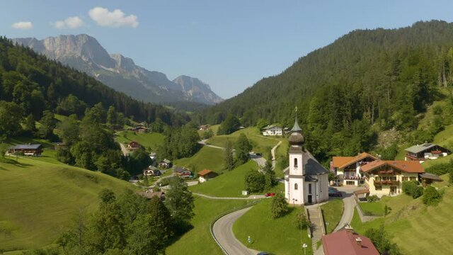 Beautiful Aerial View of Maria Gern Church in Upper Bavaria, Germany. Cinematic Establishing Shot