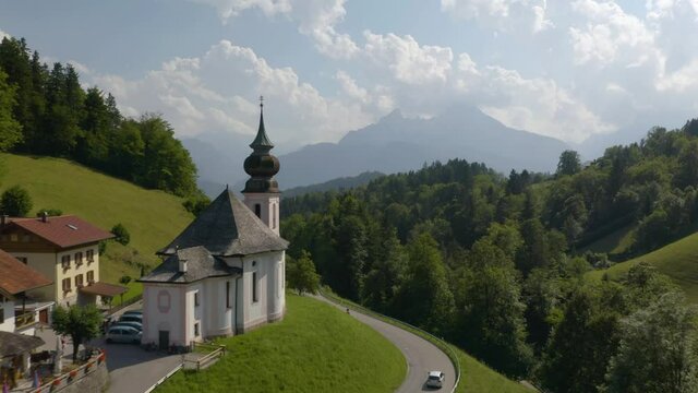 Aerial View of Maria Gern Church, Mount Watzmann in Background. Upper Bavaria, Germany