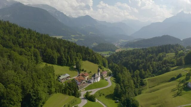 Drone Flies Above Maria Gern Church in Bavaria, Germany. Summer Day
