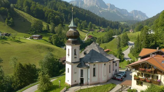 Aerial Orbiting Shot of Maria Gern Church in Upper Bavaria, Germany, Europe. Beautiful Summer Day