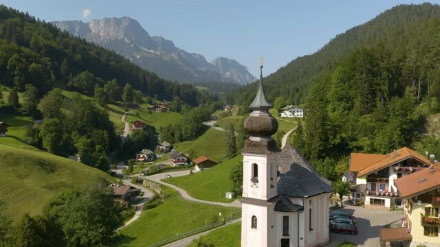 Close Up Aerial View of Maria Gern Church in Summer. Upper Bavaria, Germany