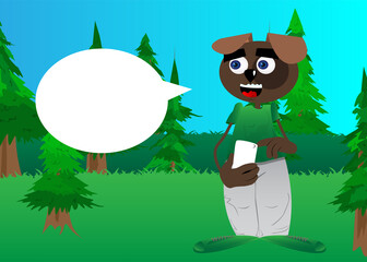 Funny cartoon dog using a mobile phone. Vector illustration.