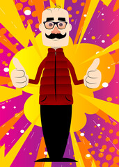 Funny cartoon man dressed for winter making thumbs up sign with two hands. Vector illustration.