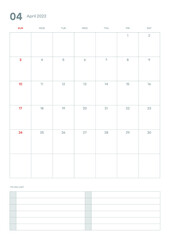 April 2022 calendar template illustration. Note, scheduler, diary, planner document template illustration.