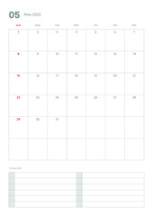 May 2022 calendar template illustration. Note, scheduler, diary, planner document template illustration.