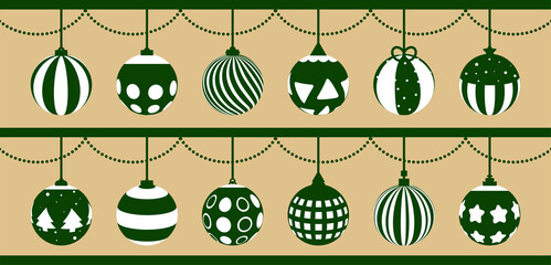 Christmas ball. Set of bauble green balls decorated with white geometric shape hanging isolated on brown background. Ornaments decoration ball. Elements for festivals. Flat design.Vector illustration.