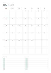 June 2022 calendar template illustration. Note, scheduler, diary, planner document template illustration.