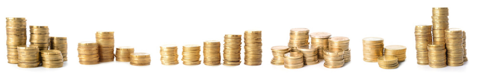 Stacked golden coins on white background