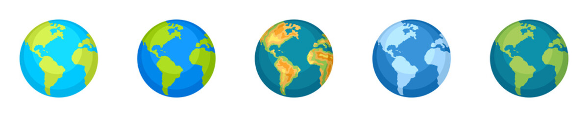 Conjunto de planeta tierra. Cuerpo celeste, astro. Concepto de mundo. Colección de planeta tierra de diferentes estilos. Ilustración vectorial © Frank